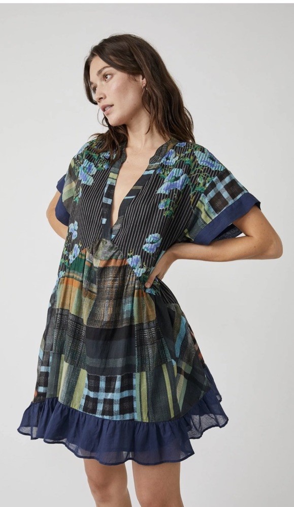 free people agnes denim dress Printed Ruffles Swingy Ruffled hem Mini S CHRISTMAS PARTY OUTFIT IDEAS mesh sleeves Denim midi dress Color:Multi