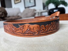 VTG Looper Tooled Belt WESTERN Cowhide Leather 38 Dog Deer Hunting Pheasant