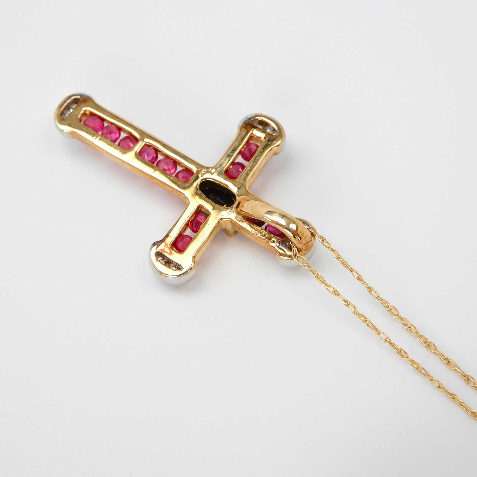 Solid 10K Yellow Gold Ruby Cross Pendant & Chain … - image 11
