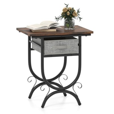 Side Table with Fabric Drawer Carved Metal Frame Industrial End Table Nightstand