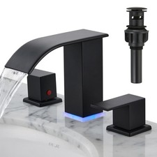 Bathroom Faucet 3 Hole, Matte Black Waterfall Bathroom Faucets, 8 Inch Widesp...