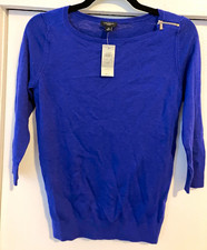 Ann Taylor Petite PS Blue Solid Knit Crew Neck Pullover Sweater Zipper Accent