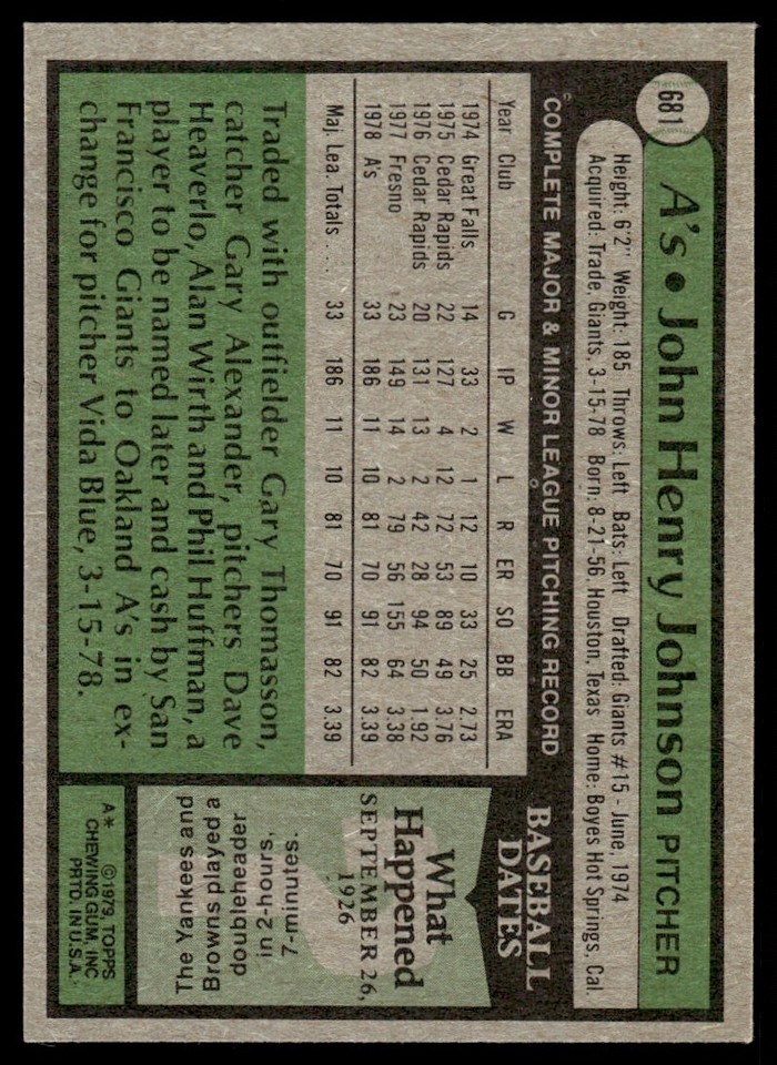 1979 Topps John Henry Johnson Oakland City A's 681 eBay