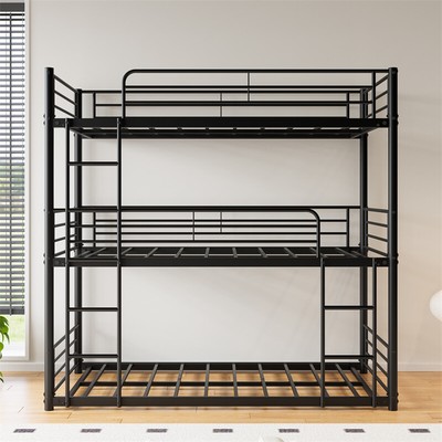 Twin/Twin/Twin Size Triple Bunk Beds with Long And Short Ladder Guardrails-Black