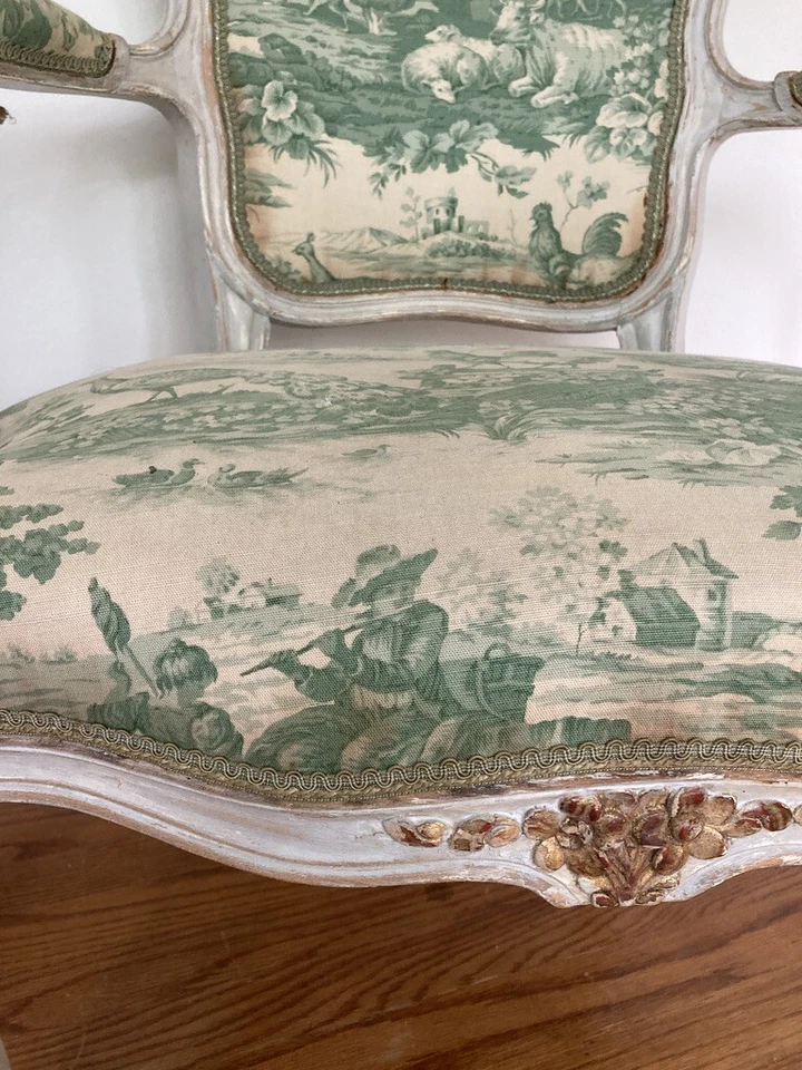 Louis XV cabriolet Armchairs fauteuil french chairs antique pair toile de jouy - Image 4 of 4