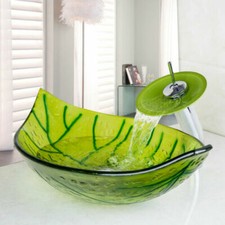 US Bathroom Leaf shaped Vessel Sink Tempered Glass Wash Bowl Waterfall Tap