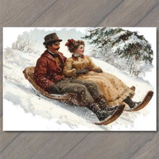 Art Print  Sledding Winter Festive Holly Retro Vinatage Look Christmas Celebrati