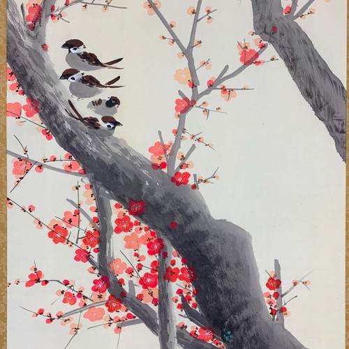 Japanische hängende Schriftrolle Pflaume Spatz Vögel Gemälde mit Box asiatisch antik wwT - Bild 4 von 12