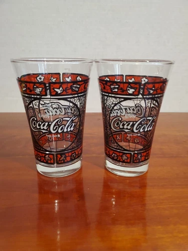 (2) Vintage Coca Cola Stained Glass Red & Black Glass 5.5" Tall  Tiffany Style