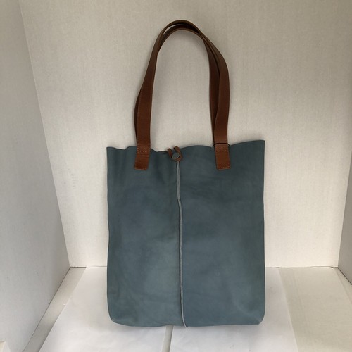 Kiko Tote Blue 100% Distressed Leather Raw Edge 13x11x3.5” Button Closure NEW