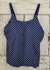 Land's End Tankini Swimsuit Swim Top Built In Bra Navy Blue White Polka Dots 24W