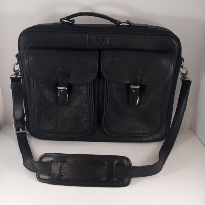 Roots Canada Mens Black Pebbled Leather Briefcase Laptop Office