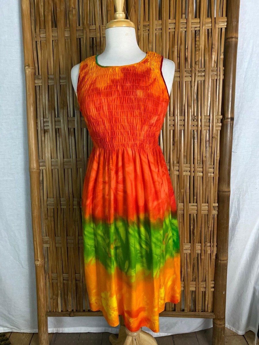 orange and yellow tie dye dress Sleeveless Boho Maxi Dress With Red & Yellow Tie-Dye Pattern 100% Rayon Womens S