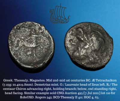 2nd-1st Centuries BC Thessaly Magnetes AE Tetrachalkon 7.25g Zeus & Centaur Coin