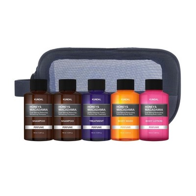 KUNDAL Honey & Macadamia Travel Set, 5 Piece Set with 2 Shampoo, Treatment, Body
