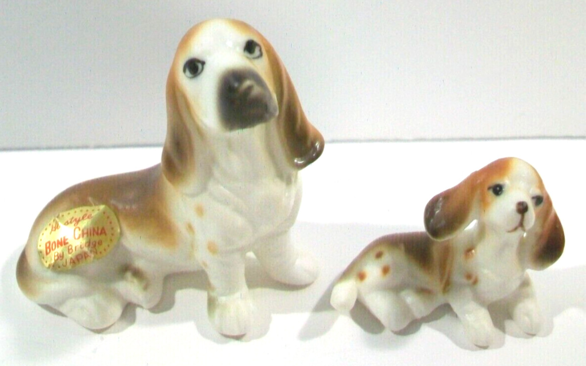 Hi Style Bassett Hound Mama Dog & Puppy Miniature Bone China Figurine Lot, Japan