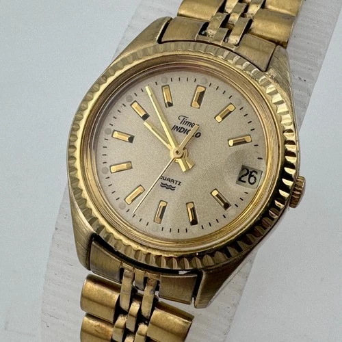 VTG Timex Indiglo Quartz Watch Women Gold Tone Fluted Bezel New Battery 7.25"