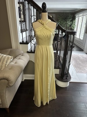 Yellow Satin Halter Maxi Dress with Pleated Twist Front for Formal Events |  eBay