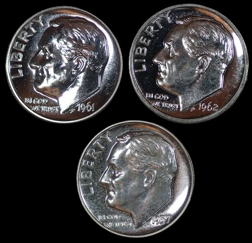 x3 1957-1962 Proof 90% Silver Roosevelt Dimes 10C - 0.30 FV 90% Silver - SKU#686