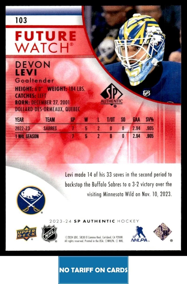 2023-24 SP Authentic Limited Red Devon Levi Buffalo Sabres #103 - Image 2 of 2