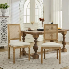 Set of 2 Wood Dining Chair Linen Upholstered Dining Chair w/ Square Rattan Back