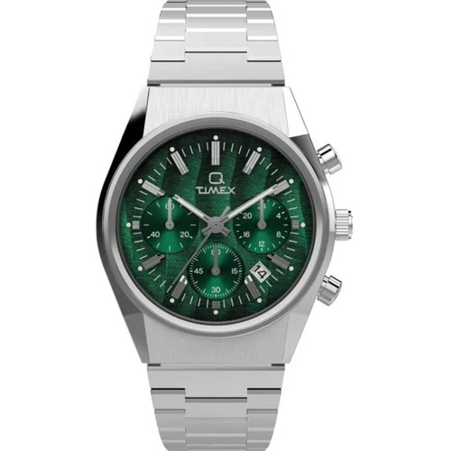 Timex Men's Watch Q Timex Chronograph Green Dial Silver Bracelet TW2W33600VQ