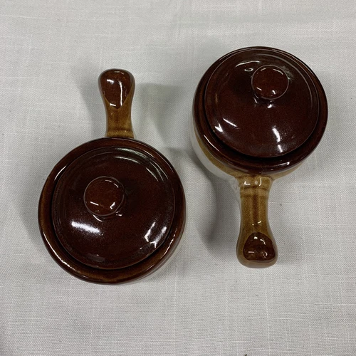 2 Vintage Brown Pottery French Onion Soup/Chili Bowls w/ Lids