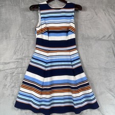 Vince Camuto Women 8 Blue Brown Striped Sleeveless Fit Flare Jersey Knit Dress
