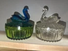 Set of 2 Vintage Jeanette Glass Swan Covered Candy Dish Blue Green and Clear