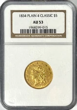 1834 $5 GOLD CLASSIC HEAD HALF EAGLE PLAIN 4 NGC AU53