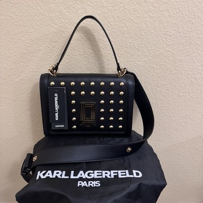 NWT Women KARL LAGERFELD Simone Golden studs Genuine Leather Crossbody & top bag