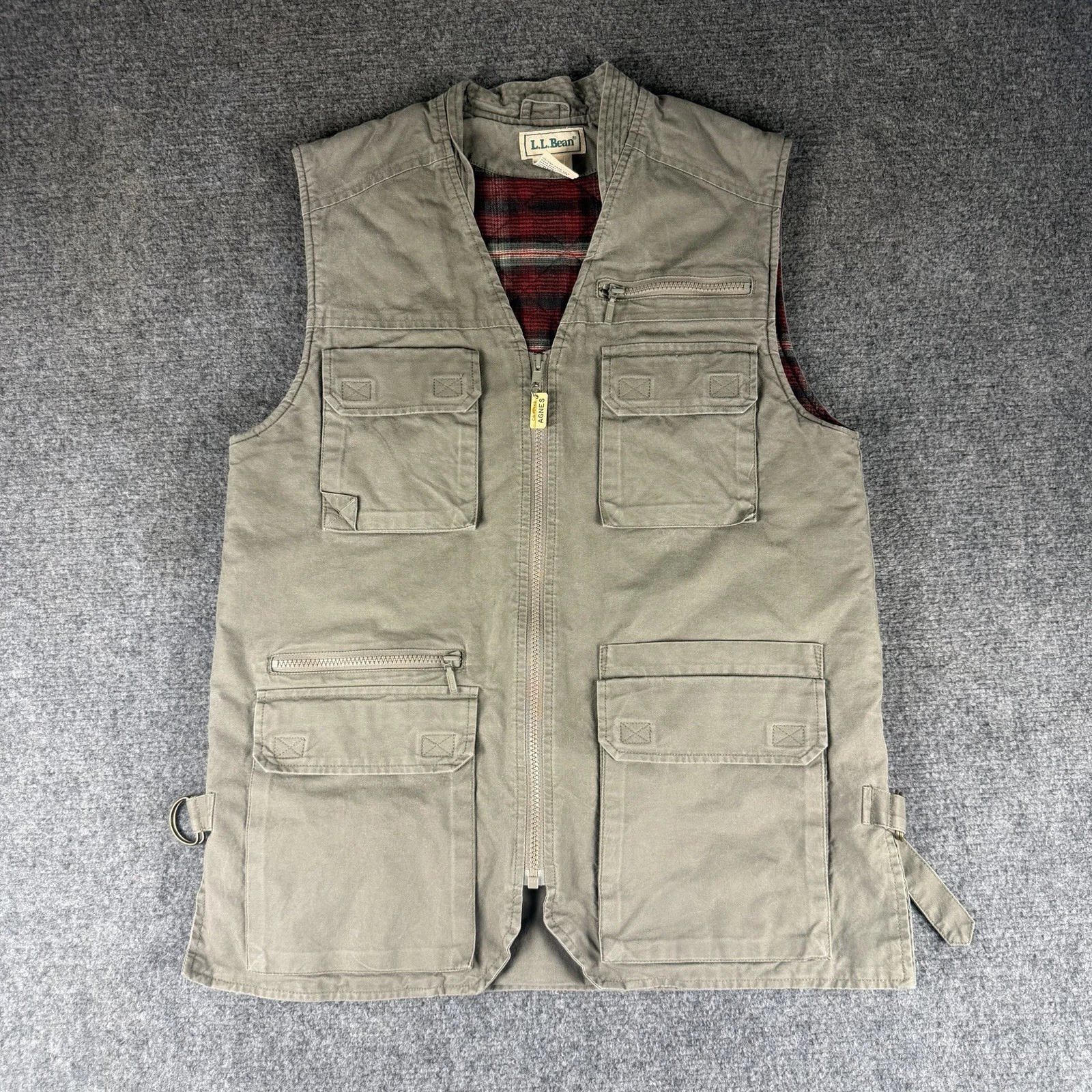 LL Bean Safari Vest Womens Medium Khaki Green Vintage 90s Utility Cargo Flannel