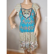 Boho Prairie Hippie Multicolored Embroidered Dress Stretch Waist Rayon Small