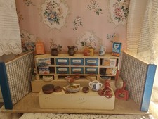 Antique German Wood toy miniature Kitchen, Shop Store With 25 Accessories