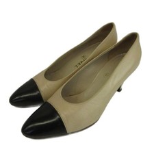 Chanel Pumps Leather Cap Toe Bicolor Beige Black Women's Size EU36.5/US6.5