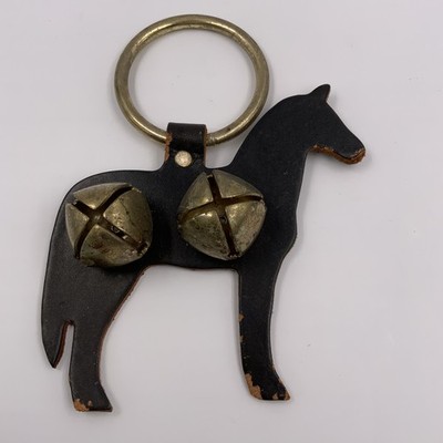 Distressed Rustic Vintage Leather Black Horse Door Knob Jingle Bells 