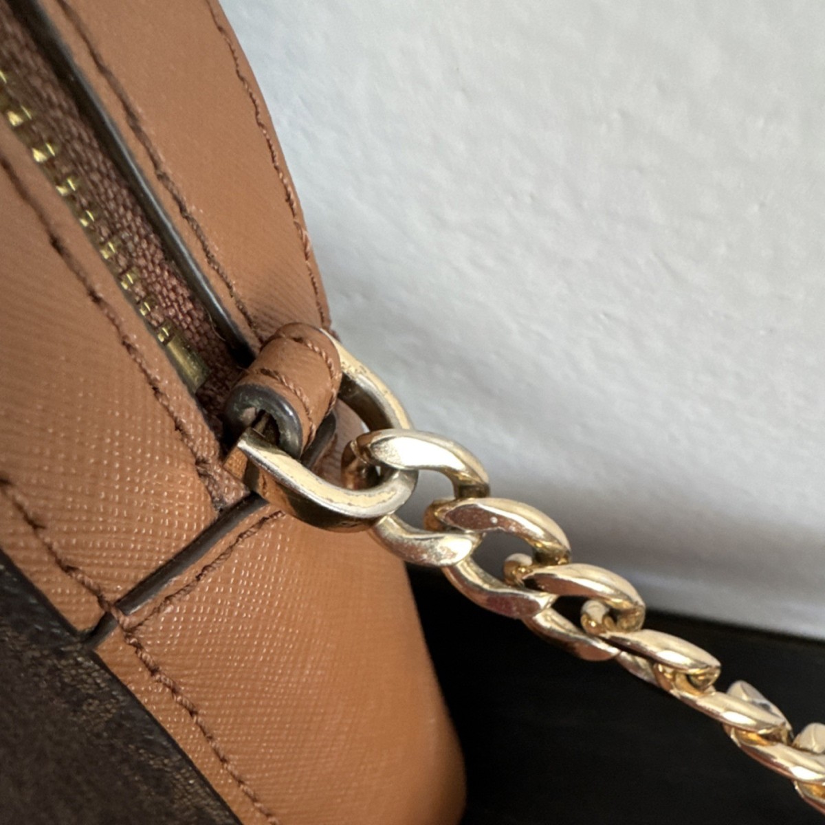 Michael Kors Brown Logo Crossbody Bag Gold Chain Strap Gold 