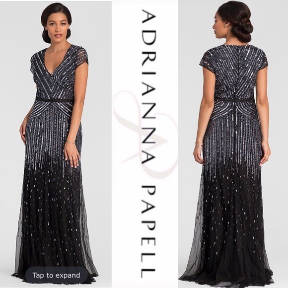 Adrianna Papell Gunmetal Sequin Beaded Fully Lined Long Formal Evening Dress  | eBay UK