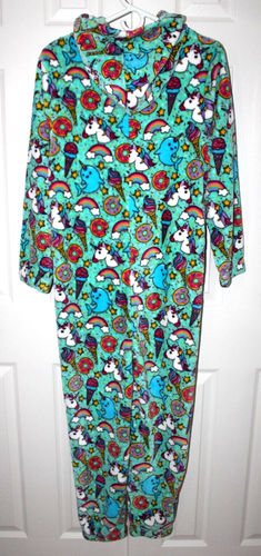 Candy Pink Velour One-Piece Hooded Aqua Pajamas Girls Size 14/16 Unicorn Narwhal - Picture 10 of 15