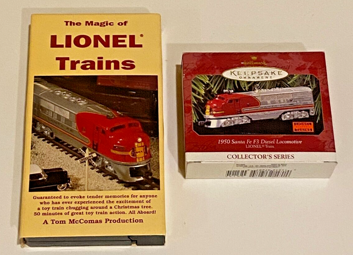 1997 Hallmark 1950 SANTA FE DIESEL LOCOMOTIVE Ornament + LIONEL TRAINS VHS