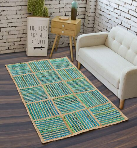 Handmade Green Carpet Fabric With Jute Natural Bedroom Reversible Rug 4x6 feet - Afbeelding 1 van 5