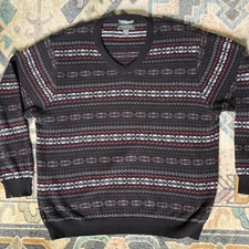 Lyle  Scott Men's XL Large V Neck Sweater 100 Combed Cotton Black Red Stripe