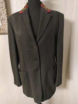 Vtg Callaghan Made In Italy Wool Silk Embroidered Collar Women's Blazer Coat Med