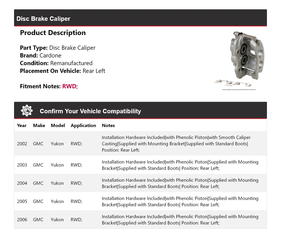 Pinza de freno de disco trasera izquierda Cardone 2003 2004 2005 para GMC Yukon 2002-2006 tracción trasera Foto 2 de 4