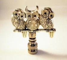 Lamp Finial-OWLS ON BRANCH-Antique Silver finish, Rhinestone encrusted