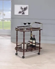 Rolling Serving Bar Cart Wood Cherry Finish Trolley Storage Shelf Wine Rack