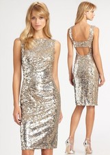 David Meister Sequined Cut Out Back Metallic Taupe Silver Cut Out Back Dress 12