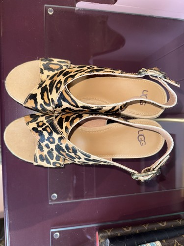 UGG Wedge Sandals Platform Leopard Animal Print Ankle Strap Straw Wedge UK7 New - Picture 4 of 9