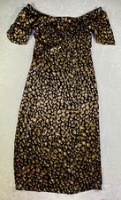 LèRumi Dress Womens M Midi Leopard Smocked Back Black Brown Short Sleeve