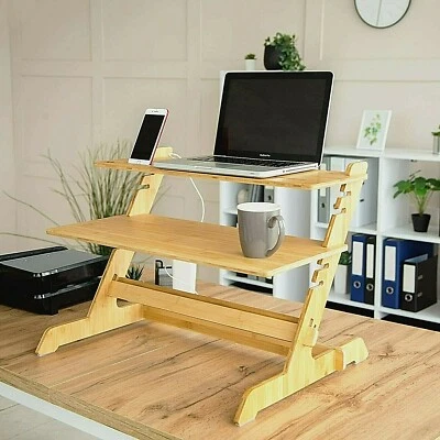 CREW @ AXEL Standing Desk Converter Natural Bamboo Adjustable Sit Stand Riser Workstation